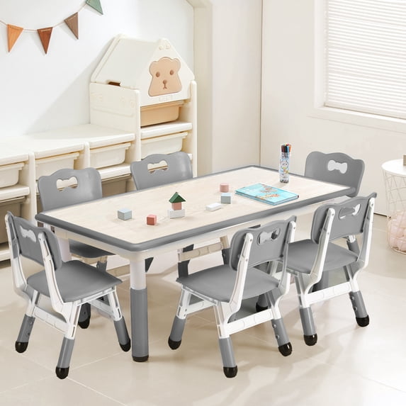 Kids Table & 6 Chairs Set, Height Adjustable Toddler Table and Chairs Set for Ages 2+, Graffiti Desktop, Non-Slip Legs, Children Activity Table for Daycare Classroom Home