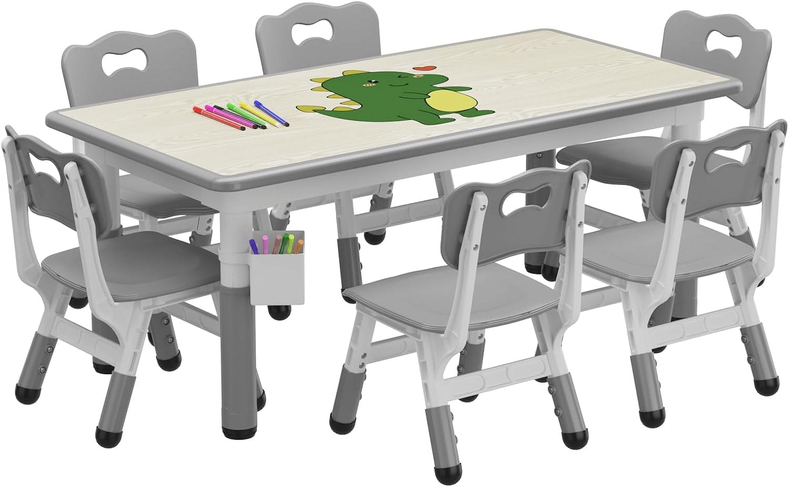 Kids Table and 6 Chairs Set with Storage Box, Height Adjustable Toddler Table and Chair Set for Ages 2-10, Graffiti Desktop, Non-Slip Legs, Children Activity Table for Daycare Classroom Home