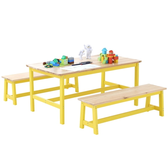 Kids Table and Bench Set of 3 for Ages 2-8, Wooden Toddler Activity Table with Two Matching Benches for Art, Crafts, Reading, Learning, Playroom, Daycare, Classroom and Kids Bedroom Use