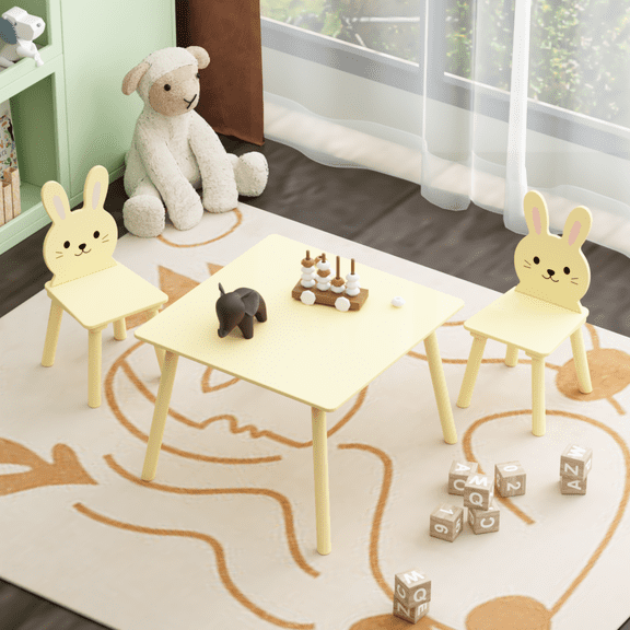 Kids Table and Chair Set with 2 Bunny Chairs, Children's Wooden Activity Table for Toddlers, Cute Animal Design Study Play Set for Playroom, Bedroom, Classroom - Cream Yellow