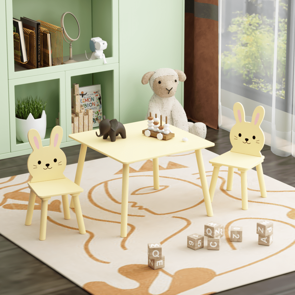 Kids Table and Chair Set with 2 Bunny Chairs, Children's Wooden Activity Table for Toddlers, Cute Animal Design Study Play Set for Playroom, Bedroom, Classroom - Cream Yellow
