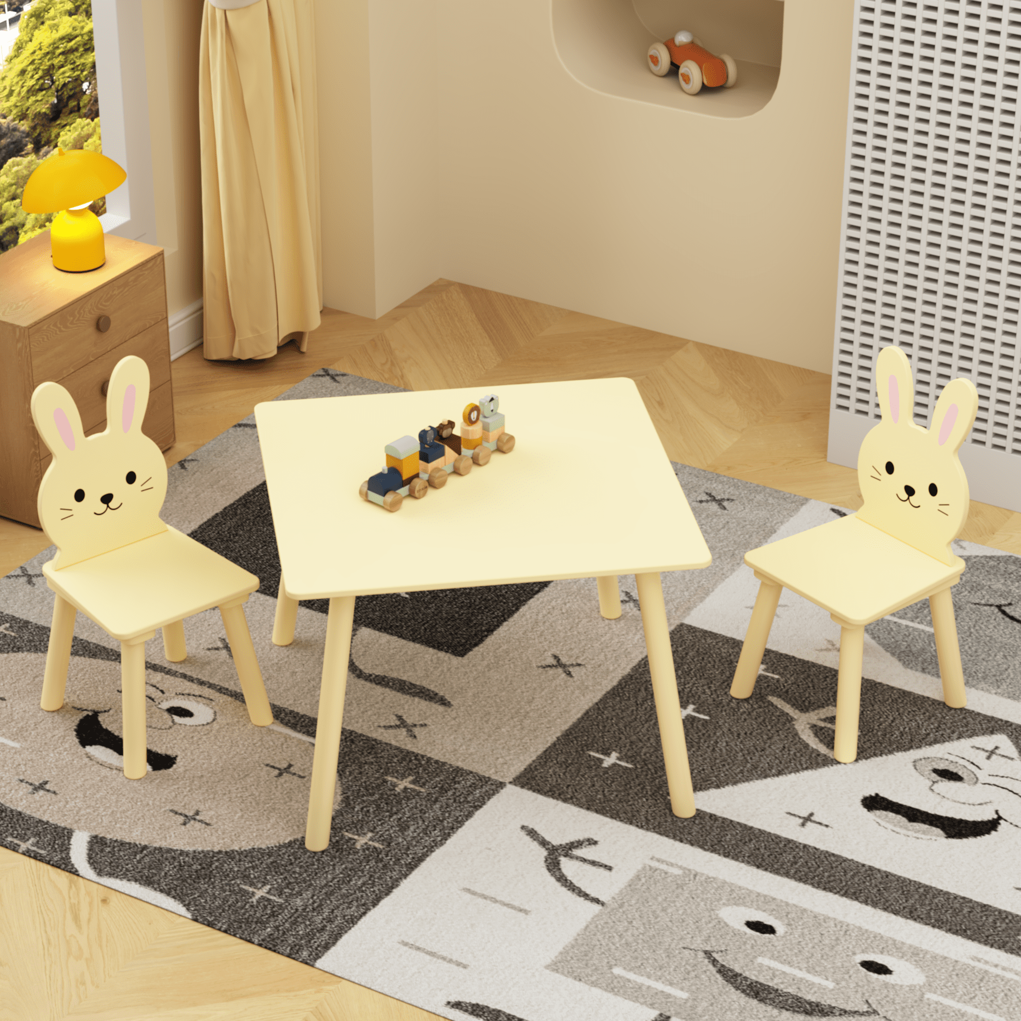 Kids Table and Chair Set with 2 Bunny Chairs, Children's Wooden Activity Table for Toddlers, Cute Animal Design Study Play Set for Playroom, Bedroom, Classroom