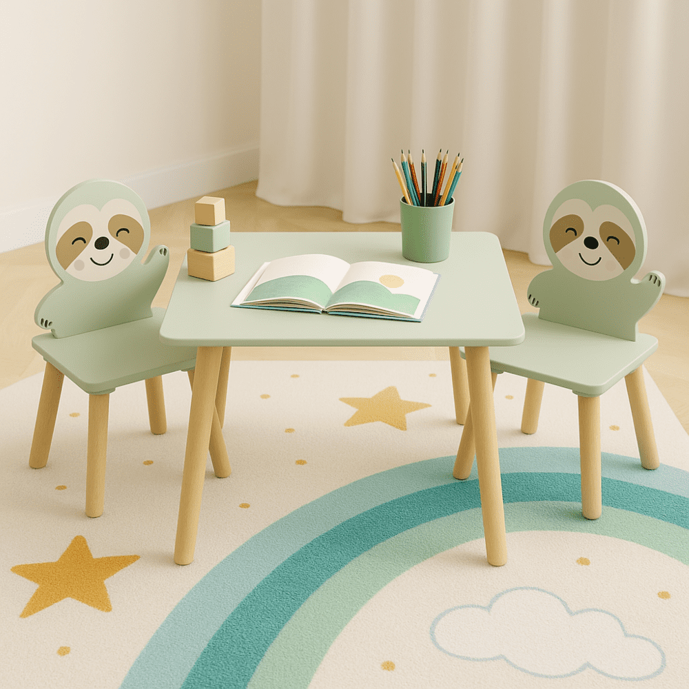 Kids Table and Chair Set with 2 Cute Sloth Chairs, Wooden Toddler Activity Table, Cute Animal Design Play & Study Set for Playroom, Bedroom, Classroom – Sage Green