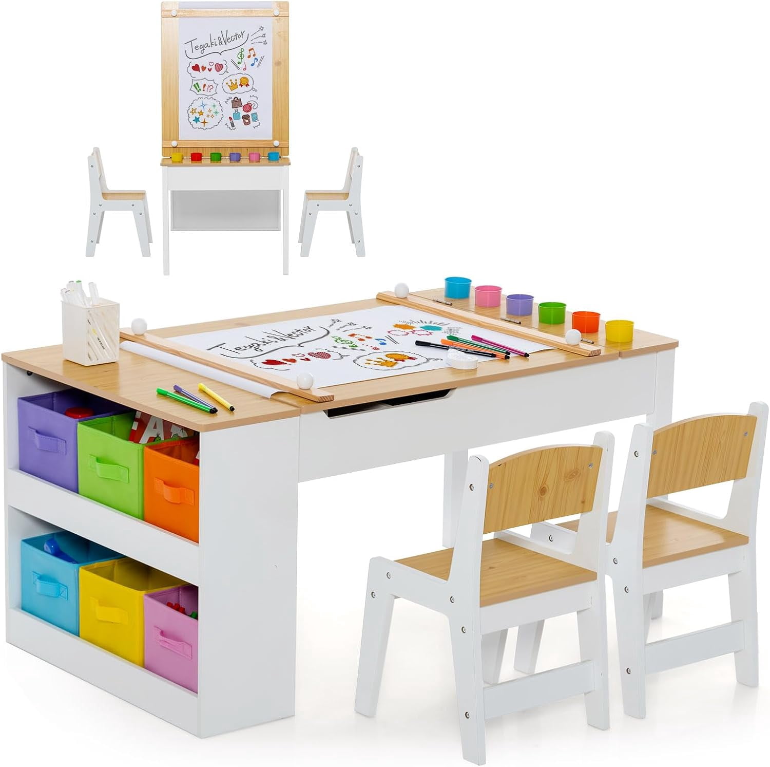 Kids Table and Chair Set, 3 in 1 Wood Arts and Crafts Activity Table w ...