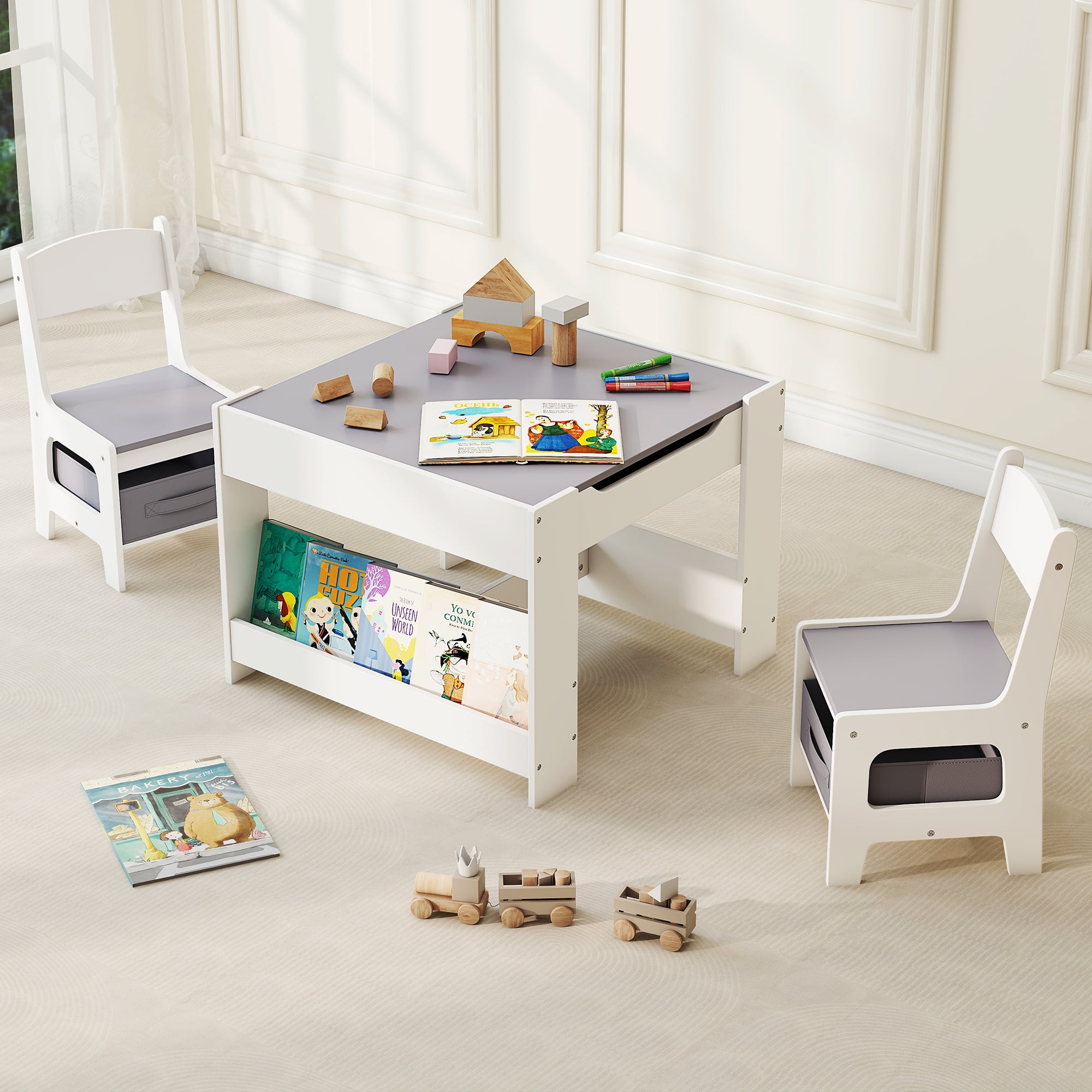 Kids Table and Chair Set, 3 in 1 Wooden Activity Table with Detachable Tabletop, Toddler Table and Chair Set with Storage Drawer, Kids Play Table for Children Art, Craft, Eating, Learning