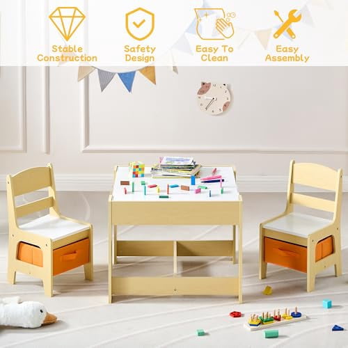 Kids Table and Chair Set, 3 in 1 Wooden Activity Table with Detachable ...