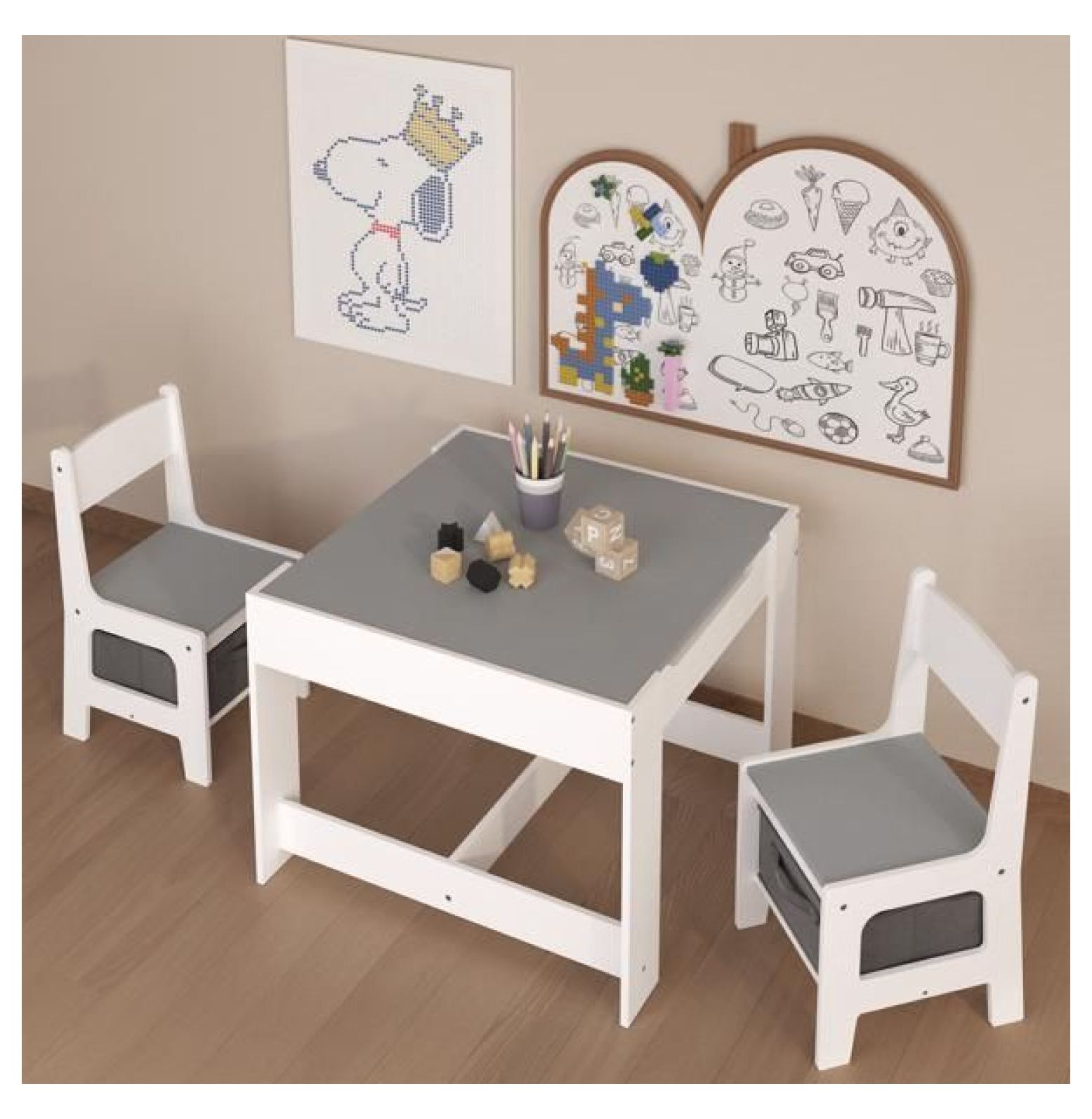Kids Table and Chair Set, 3 in 1 Wooden Activity Table with Storage ...
