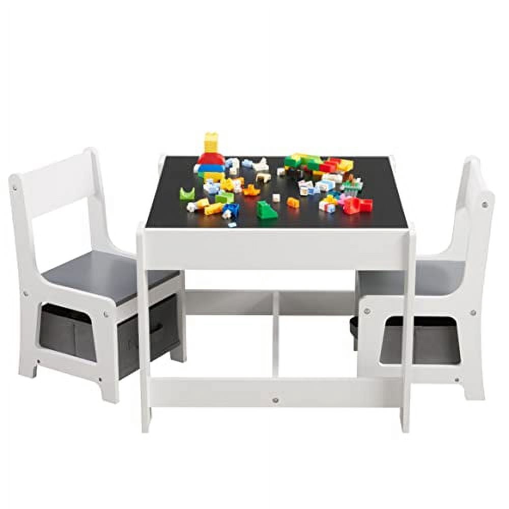 Kids Table and Chair Set, 3 in 1 Wooden Activity Table with Storage ...