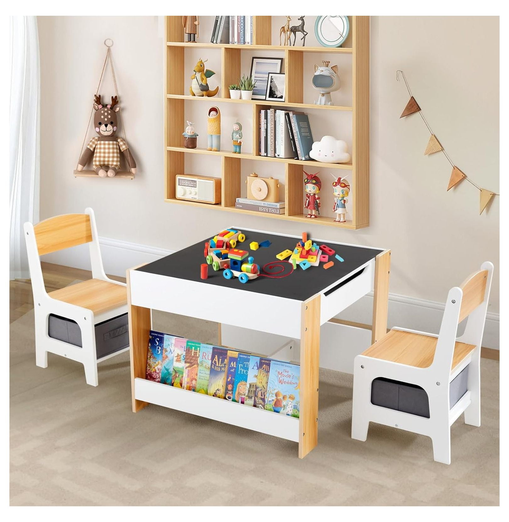 Kids Table and Chair Set,4 in 1 Toddler Desk with Storage Drawer,Wooden Activity Table for 2 in 1 Detachable ,Bookshelf,Suitable for Classroom,Home,Nursery,Playroom (Ivory White)