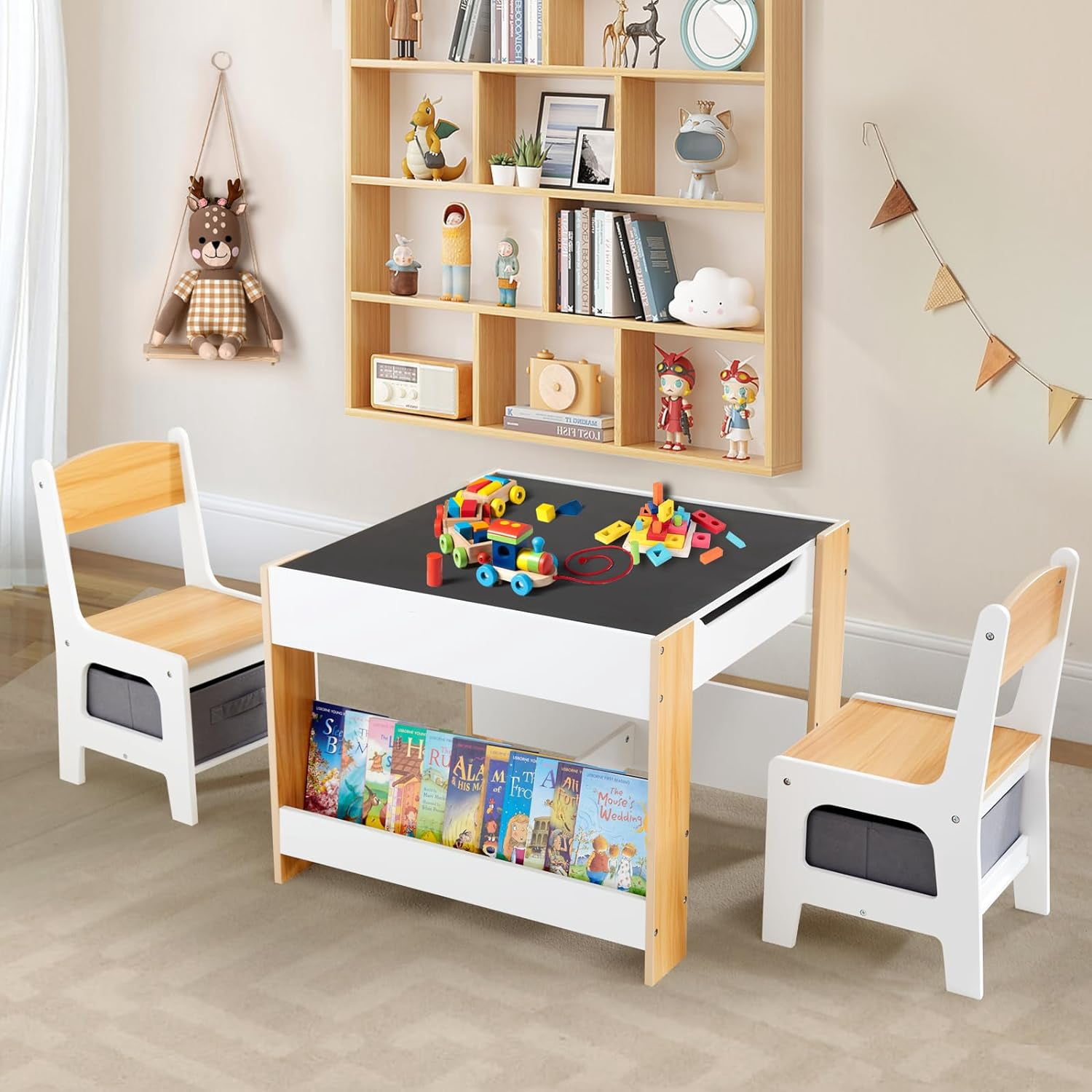 Kids Table and Chair Set,4 in 1 Toddler Desk with Storage Drawer,Wooden ...