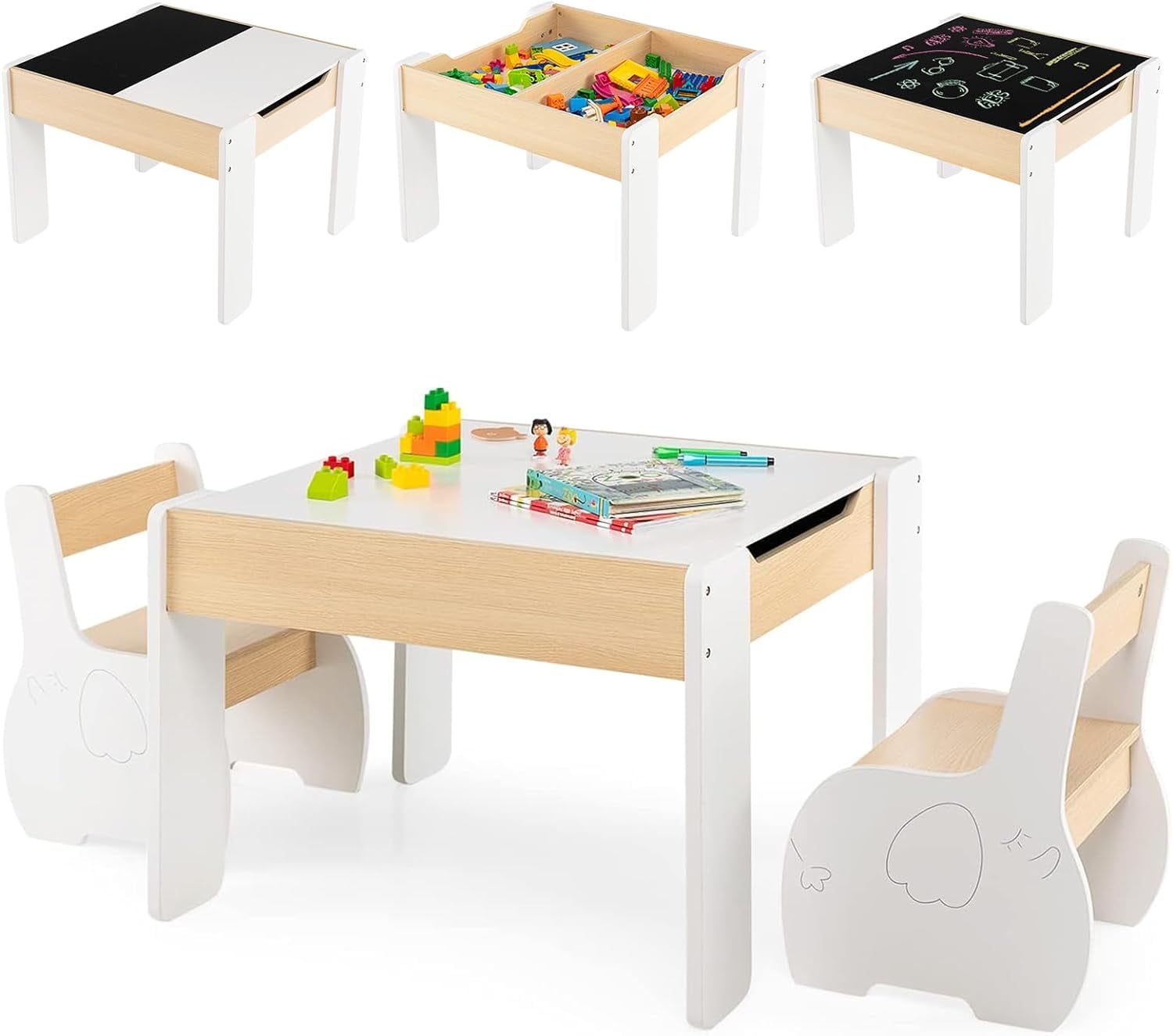 Kids Table and Chair Set, 4 in 1 Wooden Activity Table & 2 Chairs with Detachable Blackboard for Arts, Crafts, Drawing, Reading, Storage, 3 PCS Toddler Table and Chairs for Boys Girls (White)