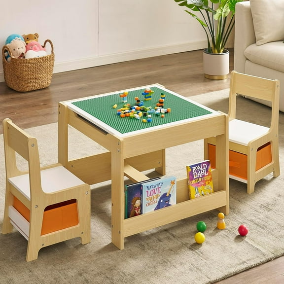 Kids Table and Chair Set, 4 in 1 Wooden Activity Table with Bookshelves and Storage Drawer, 2 in 1 Detachable Tabletop Construction Play Table Set for Toddlers Drawing, Reading