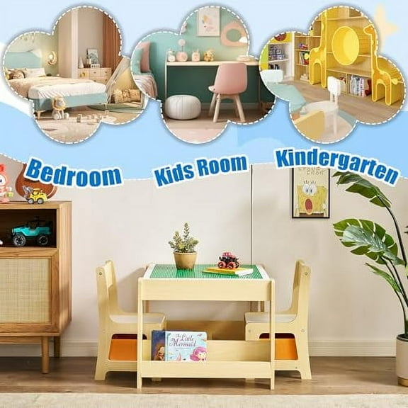 Kids Table and Chair Set, 4 in 1 Wooden Activity Table with Bookshelves and Storage Drawer, 2 in 1 Detachable Tabletop Construction Play Table Set for Toddlers Drawing, Reading