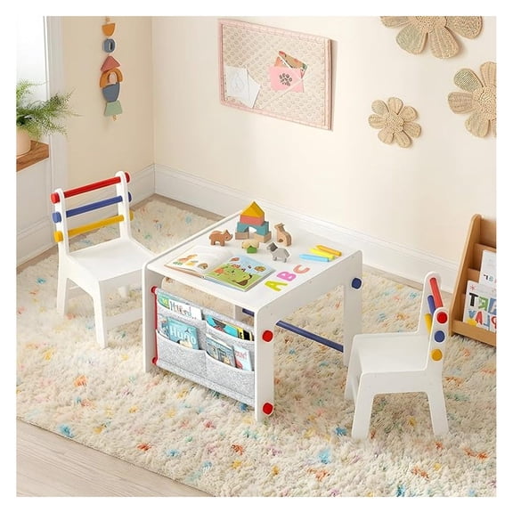 Kids Table and Chair Set 4-in-1 with Storage, Wooden Activity Table for , Arts, Drawing, Reading, Toddler Furniture for Playroom, Nursery, Gift for Boys & Girls (Age 3+)
