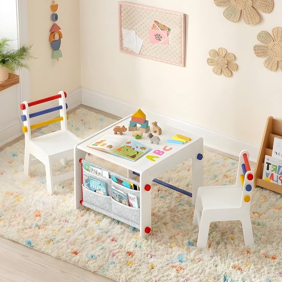 Kids Table and Chair Set 4-in-1 with Storage, Wooden Activity Table for Crafts, Arts, Drawing, Reading, Toddler Furniture for Playroom, Nursery, Gift for Boys & Girls (Age 3+)