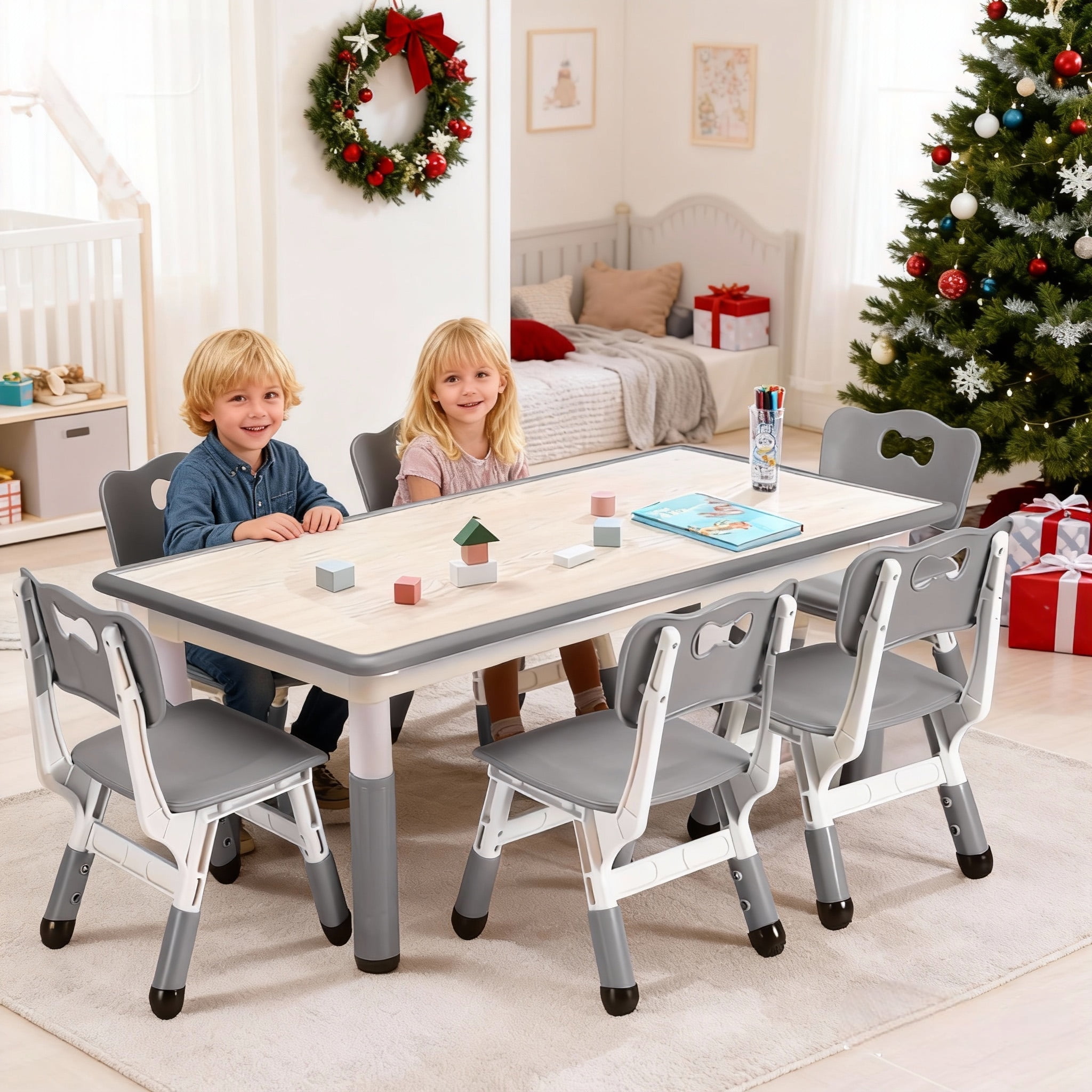 Kids Table and Chair Set, Activity Art Table with 6 Chairs, Height Adjustable Toddler Table and Chair Set with Graffiti Desktop, for Classroom Daycares Home Ages 2-10, Gray