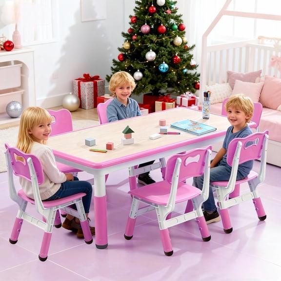 Kids Table and Chair Set, Activity Art Table with 6 Chairs, Height Adjustable Toddler Table and Chair Set with Graffiti Desktop, for Classroom Daycares Home Ages 2-10, Pink