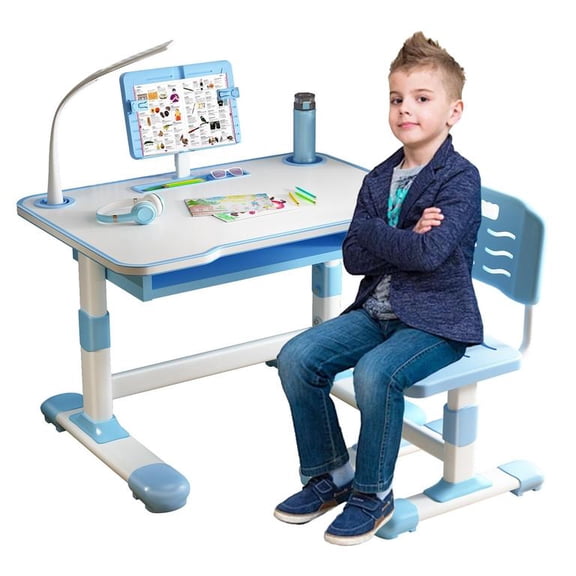 Kids Table and Chair Set with Bookstand, Height-Adjustable Functional Desk and Chair Set for Kids, Study Table for Boys Girls, Children Study Desk, School Study Table for Writing Reading (Blue #5)
