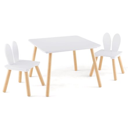Kids Table and Chair Set, Children Wooden Activity Table & 2 Chairs Set, Solid Wood Legs, Easy Assembly, 3 Piece Rabbit Themed Toddler Furniture Set for Art (White)