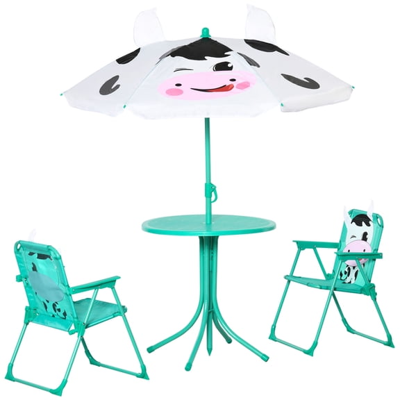 Kids Table and Chair Set with Cow Pattern, Outdoor Folding Garden Picnic Table for Patio Backyard, Removable Height Adjustable Sun Umbrella, White Metal, Ages 3-6
