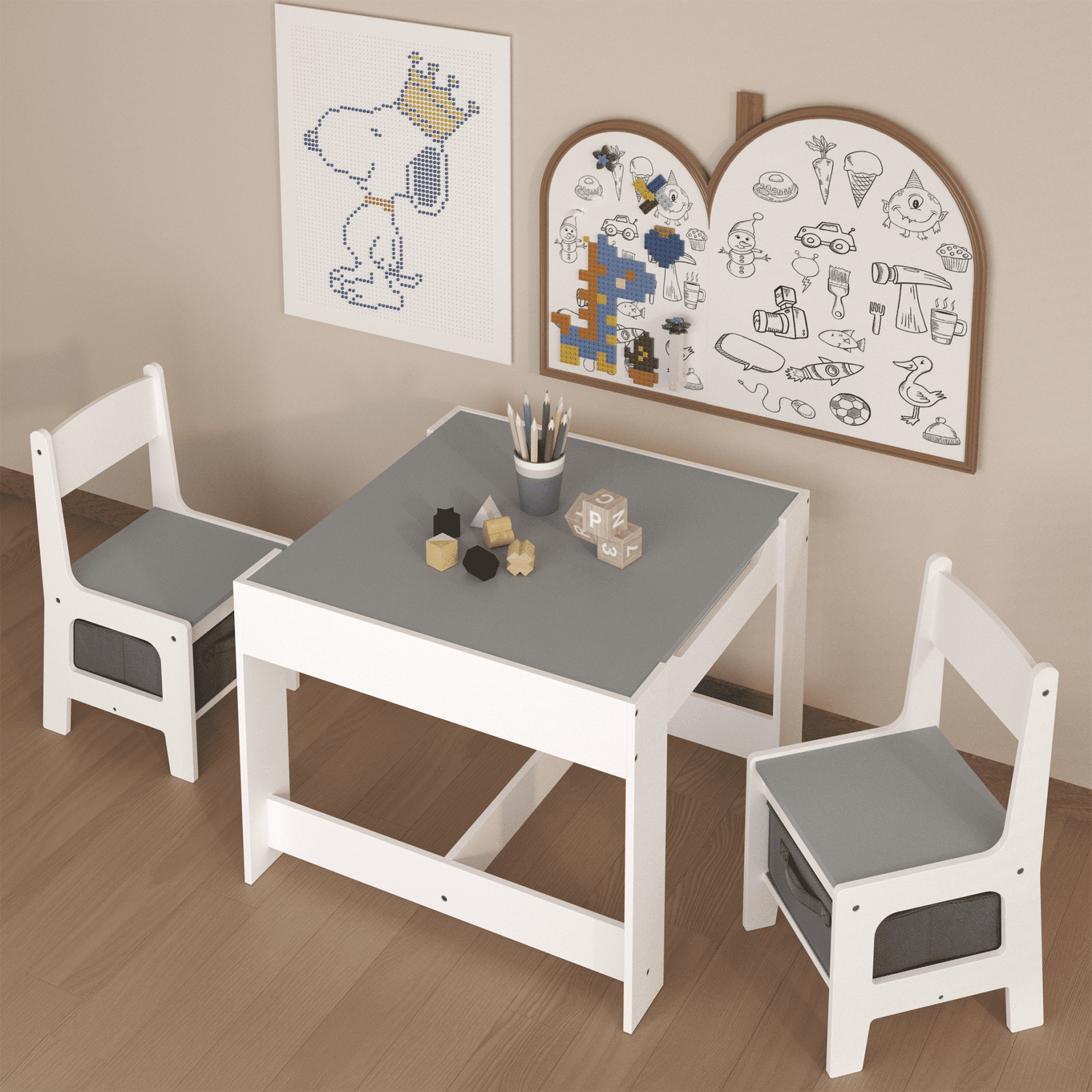 Kids Table and Chair Set with Dual-Sided Blackboard & Play Surface, Storage Drawer & Detachable Tabletop for Toddlers Boys Girls Playroom Learning Activity