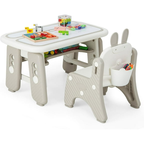 Kids Table and Chair Set, Graffiti Activity Table w/Flip-Top Tabletop Bookshelf, Erasable Magnetic Drawing Board, Storage, Adjustable Height for Drawing, Toddlers Art Table & Chair (Gray)