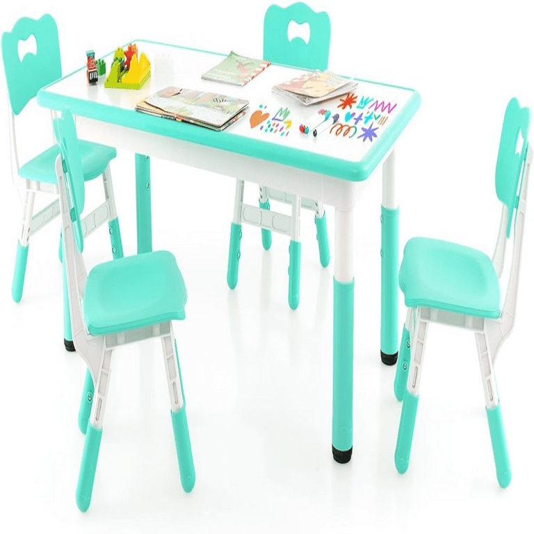 Kids Table and Chair Set Height Adjustable Children Activity Table and 4 Chairs Set w Erasable Graffiti Desktop Toddler Table and Chair Set for