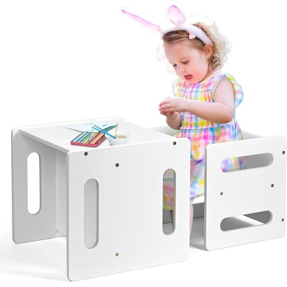 Kids Table and Chair Set,Montessori Weaning Table and Chair,Natural Bamboo Small Desk Chair,Toddler Activity Table and Chair Set for 1-3 Year Old Kids Dinner,Reading,Playing Toys,CPC Certified, White