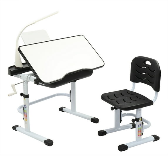 Kids Table and Chair Set, Newest Student School Desk with Bookstand, Tilted 0-40° Table Top and Drawer Storage, Eye Protection and Touch Led Lamp, Multifunctional Students Desk Chair, JA3694