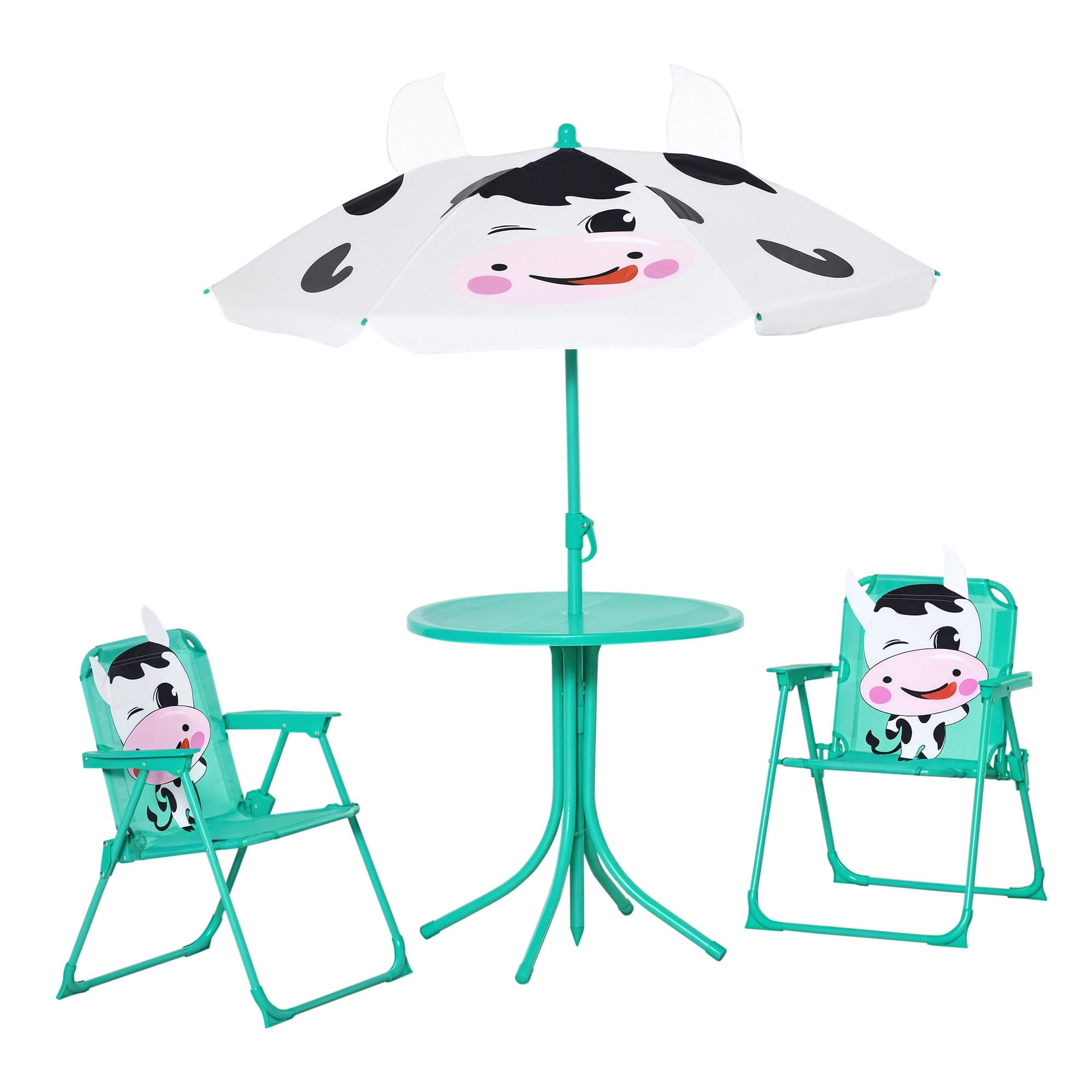 Kids Table and Chair Set, Outdoor Folding Garden Furniture, Picnic Table for Patio Backyard, with Removable & Height Adjustable Sun Umbrella, Aged 3-6 Years Old, White