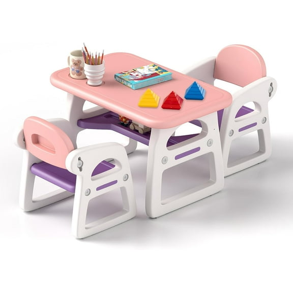 Kids Table and Chair Set, Plastic Children Activity Table and 2 Chairs w/Building Blocks, Storage, for Art Craft, Toddler Table and Chair Set for Daycare Playroom, Gift for Boys Girls (Pink)