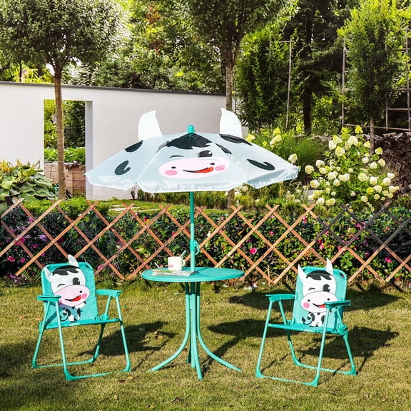 Kids Table and Chair Set with Umbrella, Outdoor Folding Garden Picnic Table for Patio Backyard, White Metal Dairy Cow Pattern, Height Adjustable Sun Shade, for Toddlers 3-6 Years Old