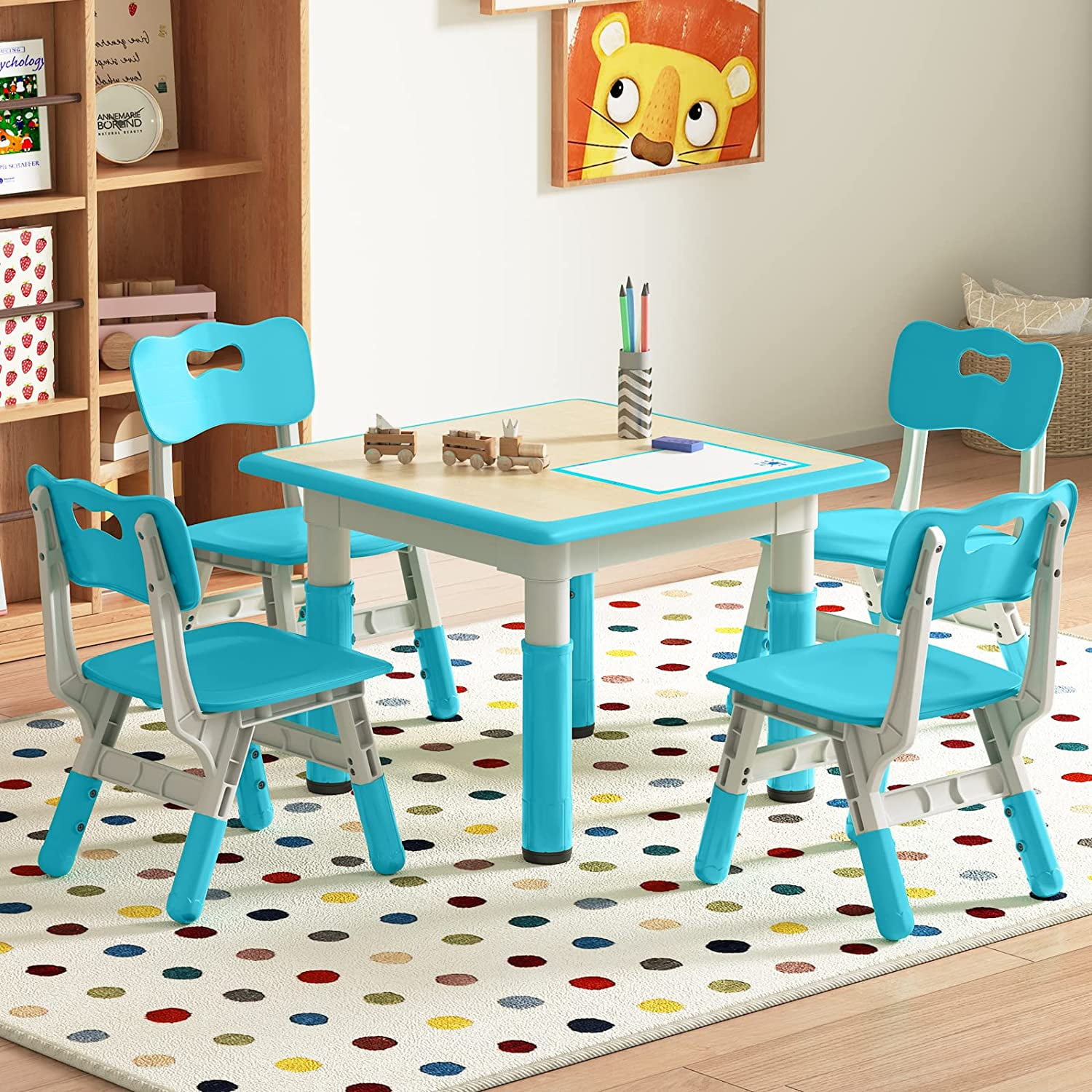Kids Table and Chair Set, Wanan Height Adjustable Toddler Table with 4