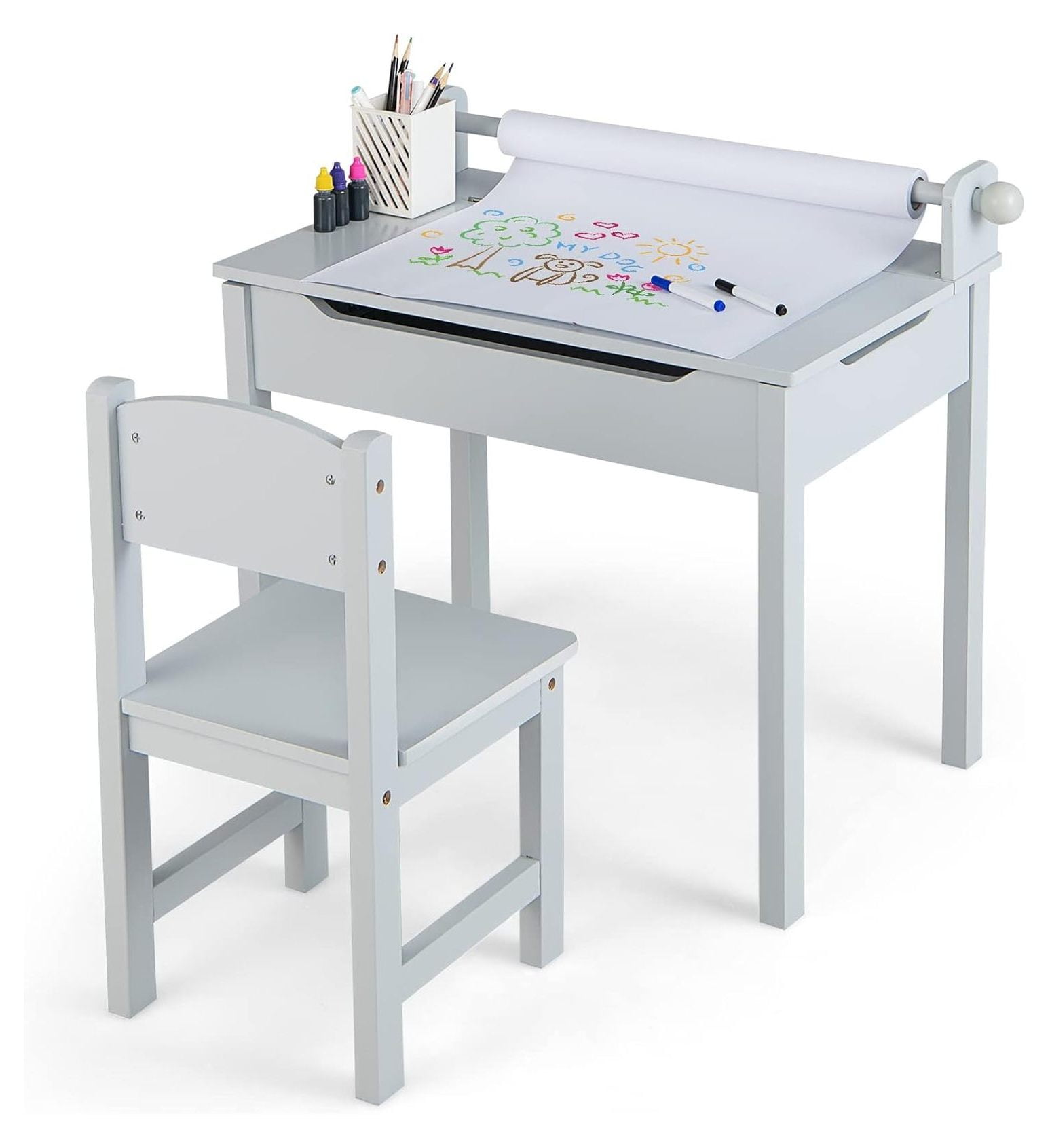 Kids Table and Chair Set, Wooden Lift-Top Desk & Chair with Storage, Paper Roll Holder & Pen Slot, Activity Table Set for Art, Children Furniture Set for Daycare, Playroom (Gray)