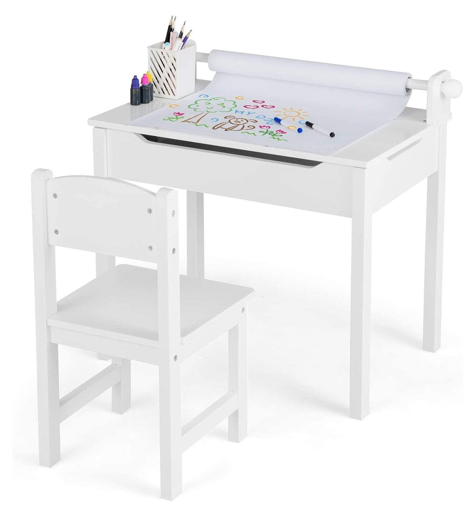 Kids Table and Chair Set, Wooden Lift-Top Desk & Chair with Storage, Paper Roll Holder & Pen Slot, Activity Table Set for Art, Children Furniture Set for Daycare, Playroom (White)