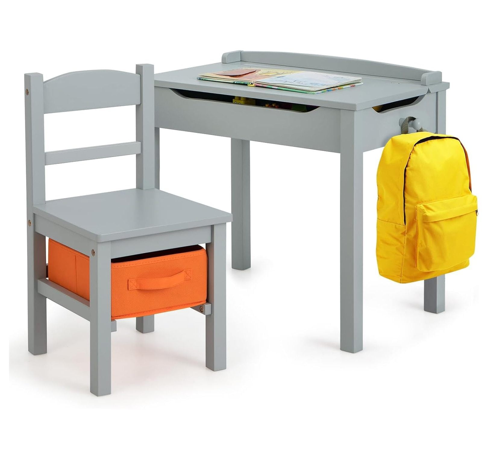 Kids Table and Chair Set, Wooden Lift-Top Desk & Chair with Storage, Safe Hinged Lid, Activity Table Set for Art, 2-Piece Children Furniture Set for Daycare, Kindergarten (Gray)