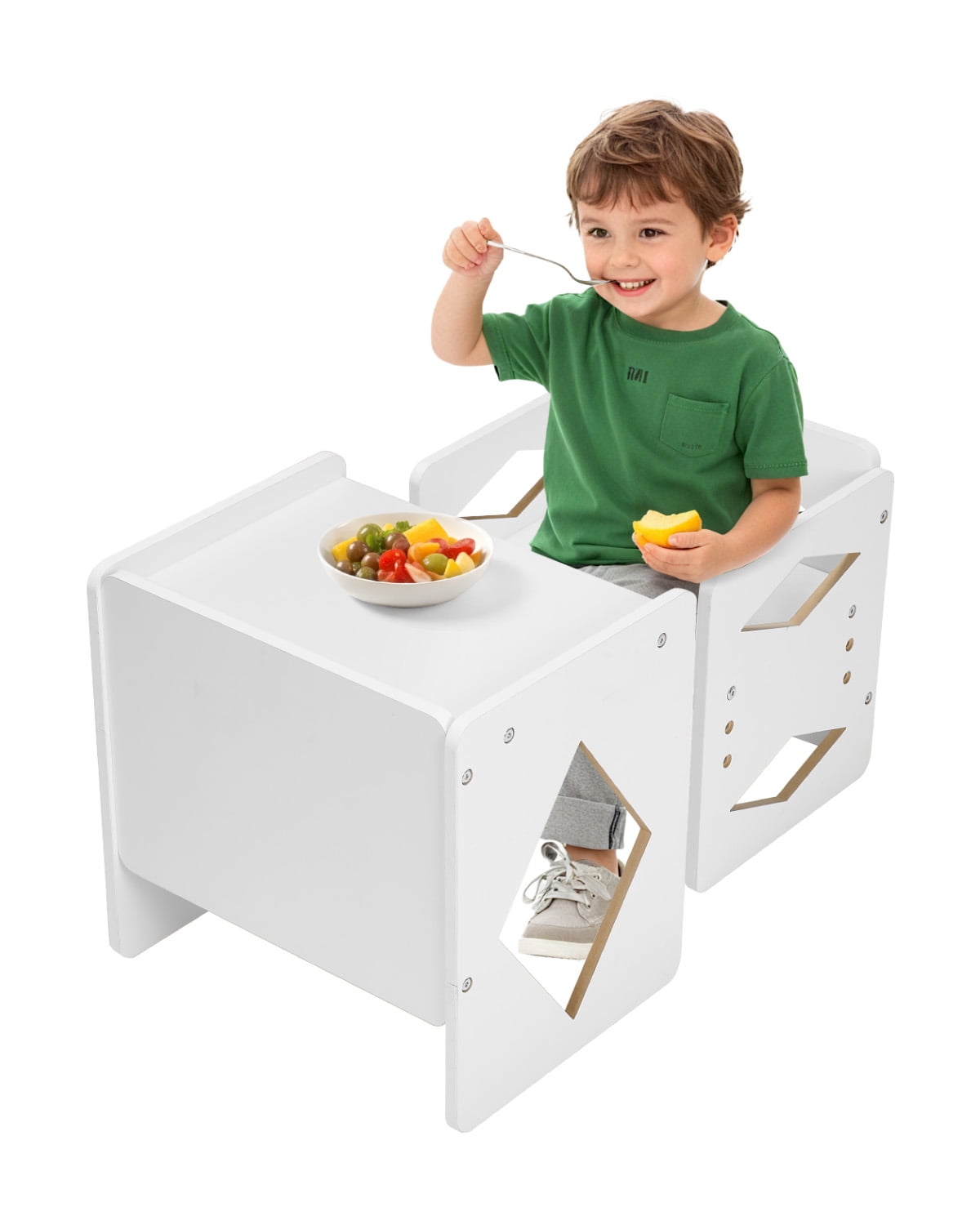 Kids Table and Chair Set, Wooden Toddler Table and Chair Set for Aged 1-5, Adjustable Height Kids Montessori Chair and Activity Table, Ideal for Reading, Eating, Playing - White