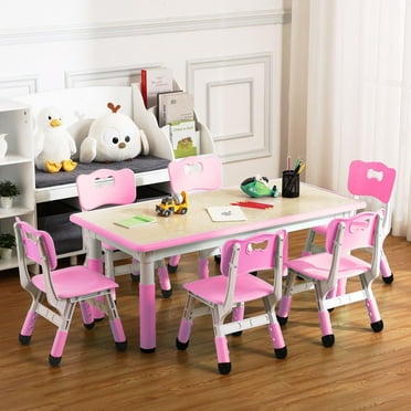 Kids' Table & Chair Sets Suitable for 3-10 Years, Toddler Table & Chair Set with 6 Seats, Height Adjustable, Tabletop Can Doodle, Max Load 300 lb