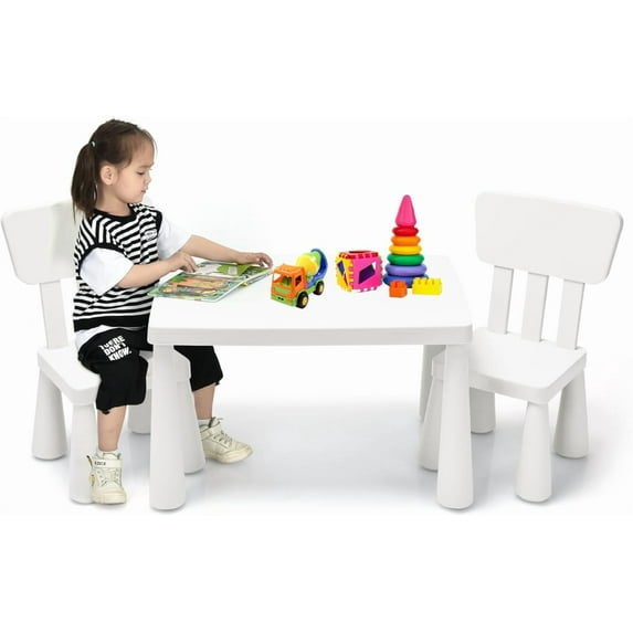 Kids Table and Chairs(2 Chairs Included), 3 Piece Lightweight Plastic Children Activity Table for Preschool, Kindergarten, Playroom, Easy Clean Toddler Furniture Set for Ages 1-7 (White)