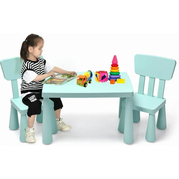 Kids Table and Chairs(2 Chairs Included), 3 Piece Lightweight Plastic Children Activity Table for Preschool, Kindergarten, Playroom, Easy Clean Toddler Furniture Set for Ages 1-7 (Green)