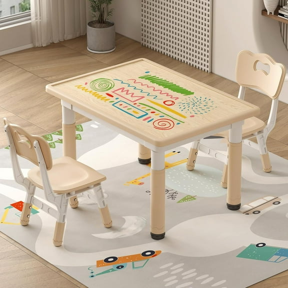 Kids Table and Chairs Height Adjustable, Toddler Table and 2 Chairs, 31.5''L x 23.6''W Graffiti Desktop, for Reading, Drawing, Eating, for Ages 3-8, Burlywood