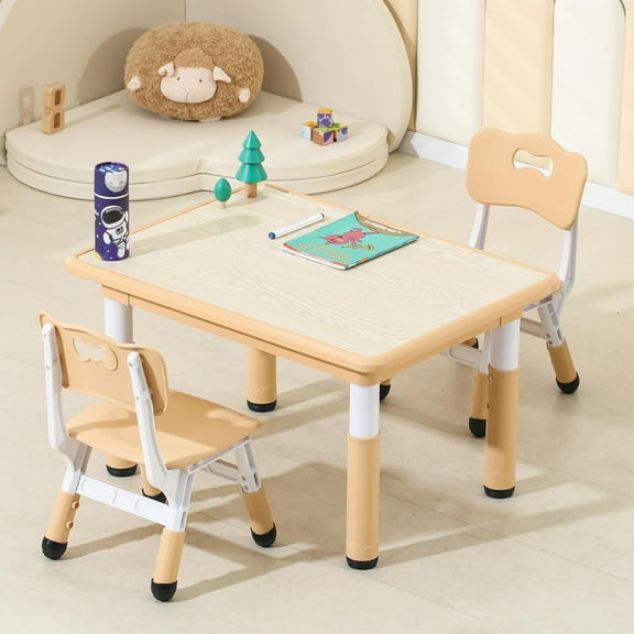 Kids Table and Chairs, Height-Adjustable Toddler Table and Chair Set with 31.5''Lx23.6''W Graffiti Desktop, Table Chair for Ages 3-8, Childrens Table and Chair Set for Daycare with 2 Chairs, Brown