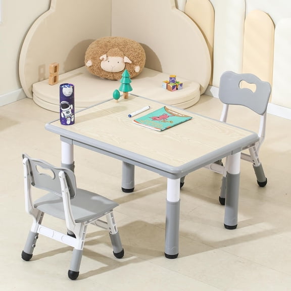 Kids Table and Chairs, Height-Adjustable Toddler Table and Chair Set with 31.5''Lx23.6''W Graffiti Desktop, Table Chair for Ages 3-8, Childrens Table and Chair Set for Daycare with 2 Chairs, Grey