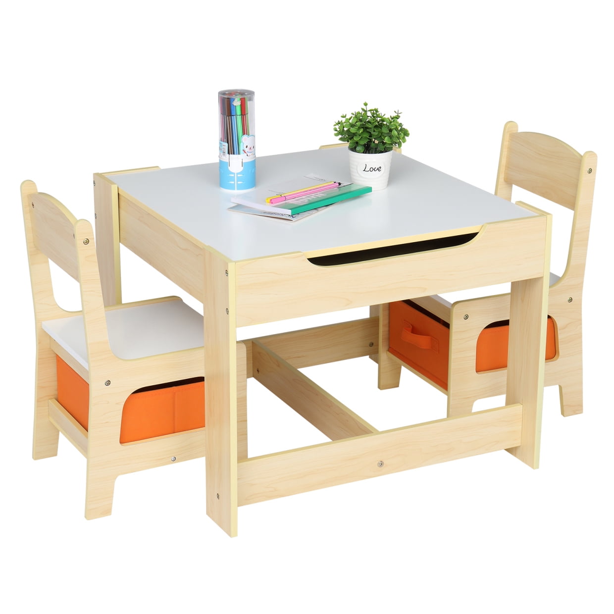 Kids Table and Chairs Set, 3 in 1 Detachable Tabletop Table and Storage ...