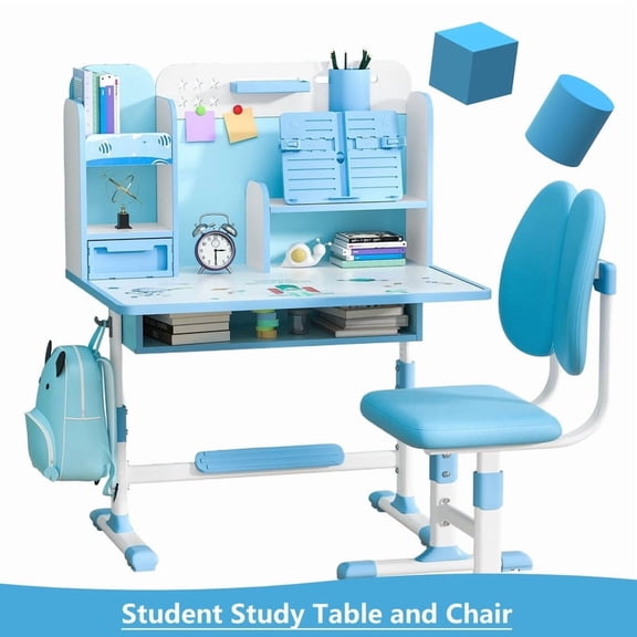Kids Table and Chairs Set 3-15,Height Adjustable Children Study Desk Chair Set,Multifunctional Writing Desk Table with Drawer,Bookstand,Ergonomic Learning Drawing Table for Girl Boy Blue