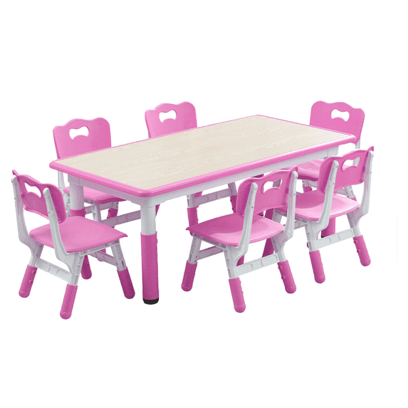 Kids Table and Chairs Set with 6 Seats, Adjustable Height Desk, Graffiti Table Top, for Ages 2-10, Multi-Activity Table for Classrooms, Daycares, Home