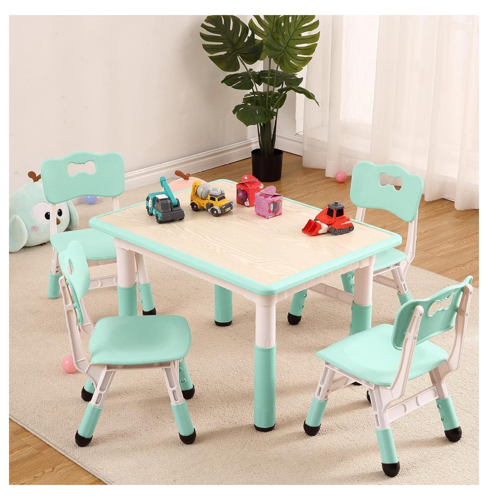 Kids Table and Chairs Set, Height Adjustable Desk With 4 Seats for Ages ...