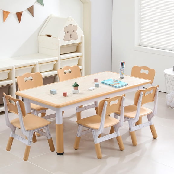 Kids Table and Chairs Set, Height Adjustable Desk With 6 Seats for Ages 2-10,Arts & Crafts Table,Graffiti Desktop, Non-Slip Legs, Max 300lbs, Children Multi-Activity Table