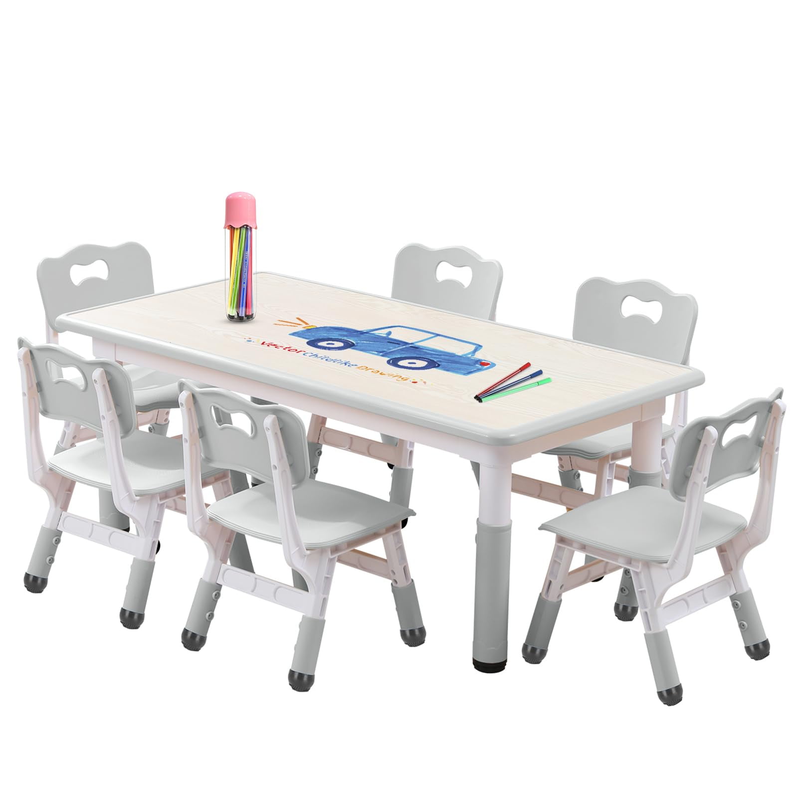 Kids Table and Chairs Set, Height Adjustable Desk With 6 Seats for Ages 3-12,Arts & Crafts Table,Graffiti Desktop, Children Multi-Activity Table for Classrooms,Daycares,Home