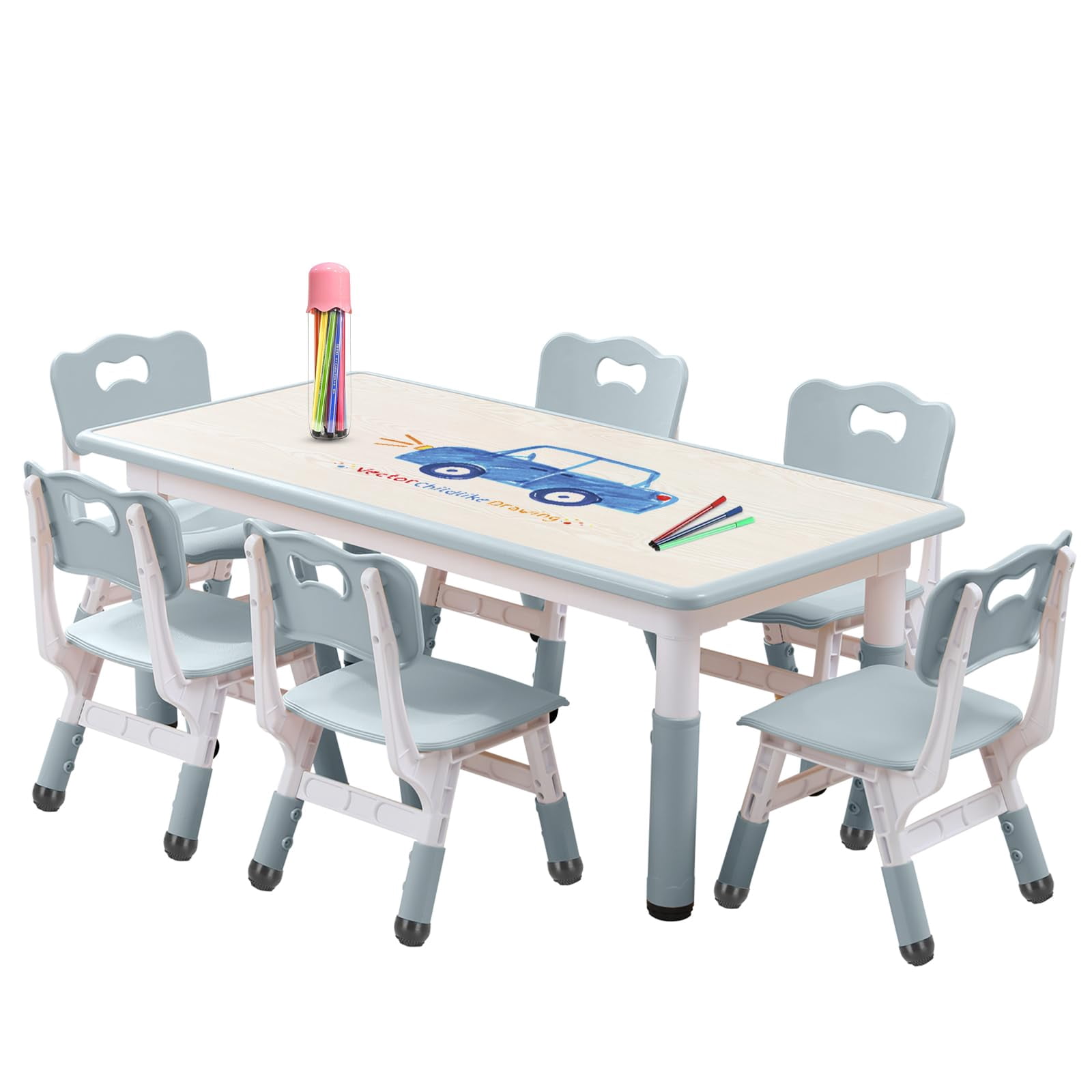 Kids Table and Chairs Set, Height Adjustable Desk With 6 Seats for Ages ...